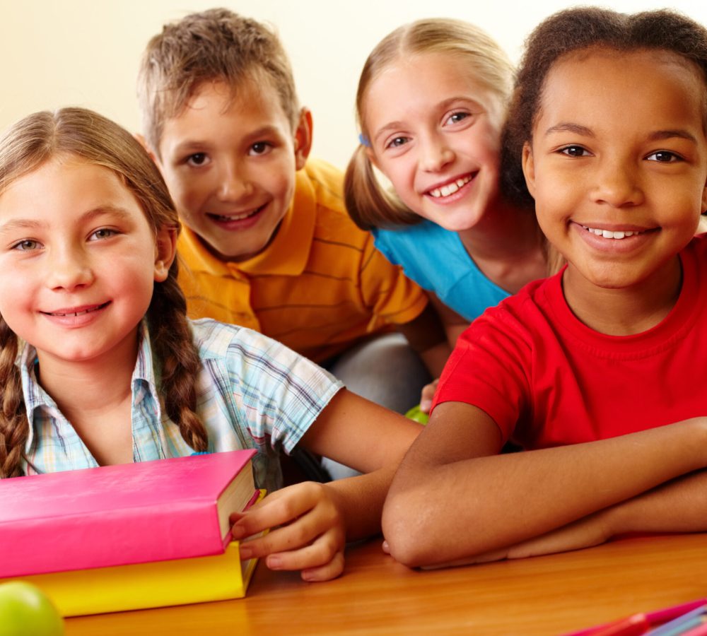 Portrait of smart schoolchildren looking at camera in classroom